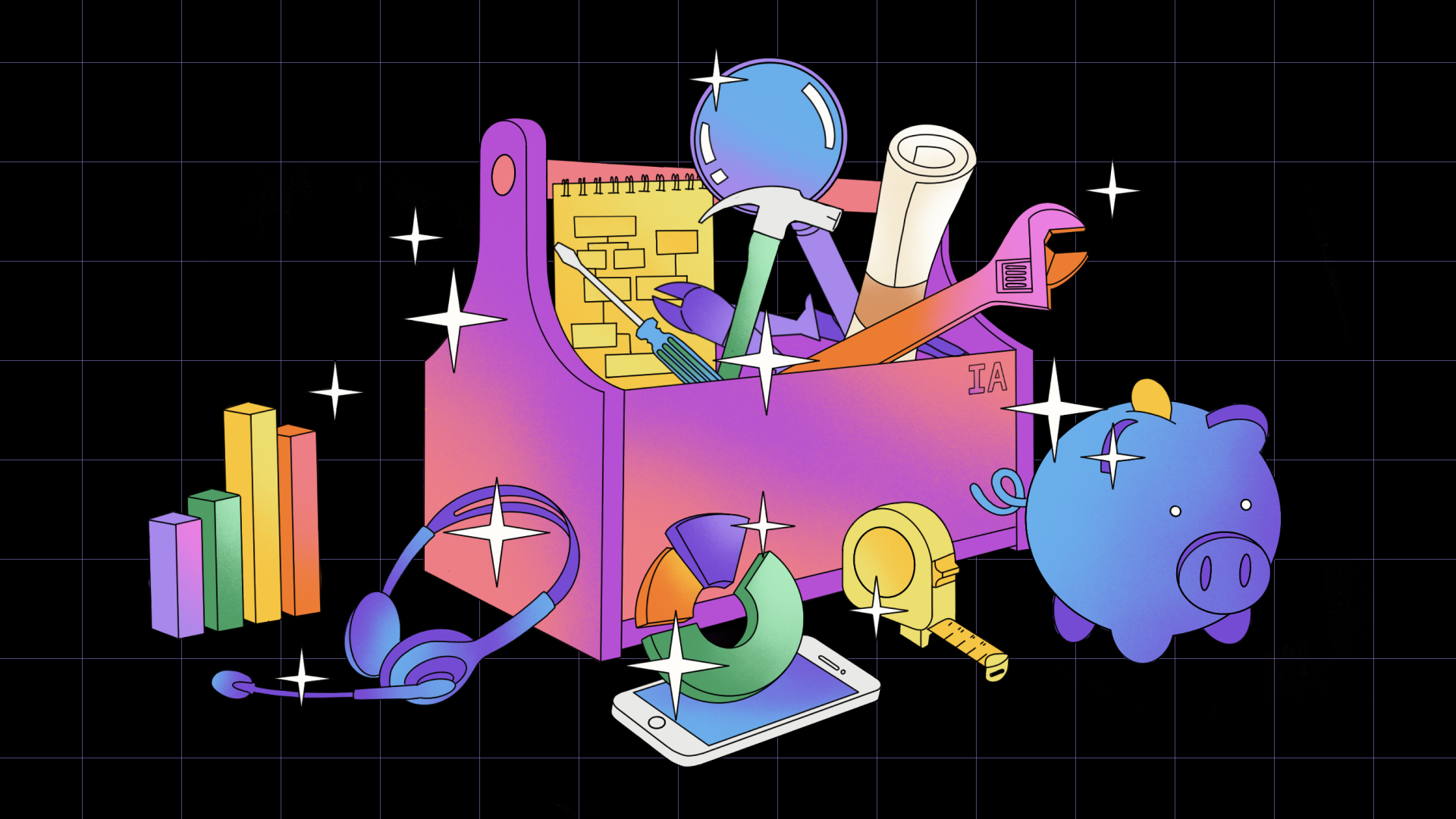 Illustration of a toolbox with AI on it and tools, devices, journey maps, customer service headphones, and data charts